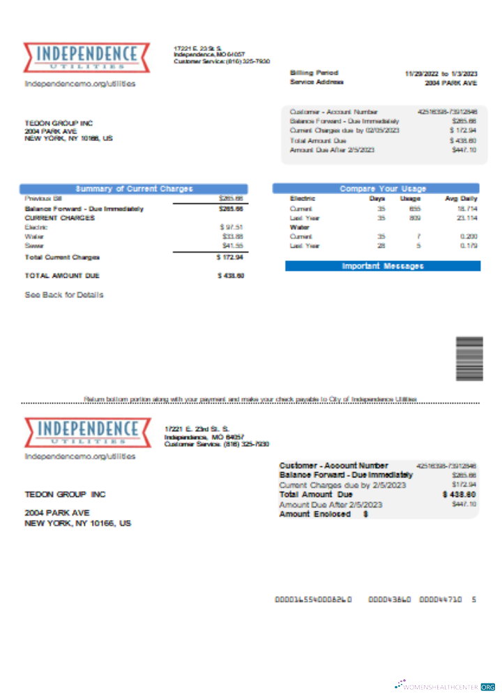Download City of Independence Utilities Center (IUC) utility business bill, SCR Photoshop template